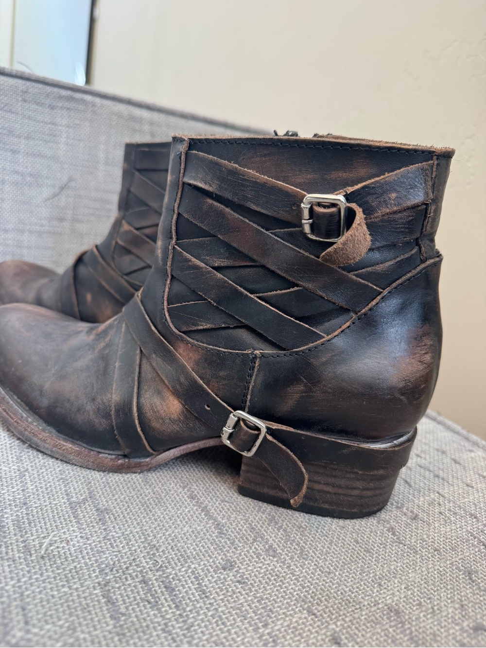 Freebird Distressed Brown Leather Ankle Booties with Buckle Straps